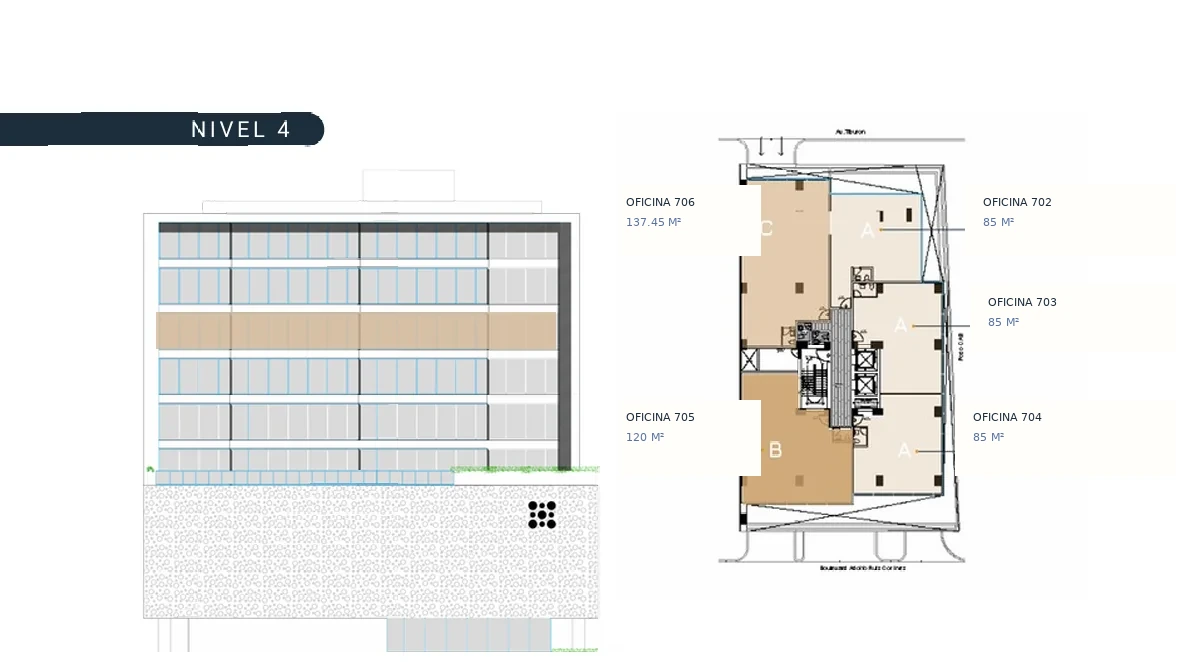 Elevación y plano de N4 · Despachos & Servicios en Torre Auro